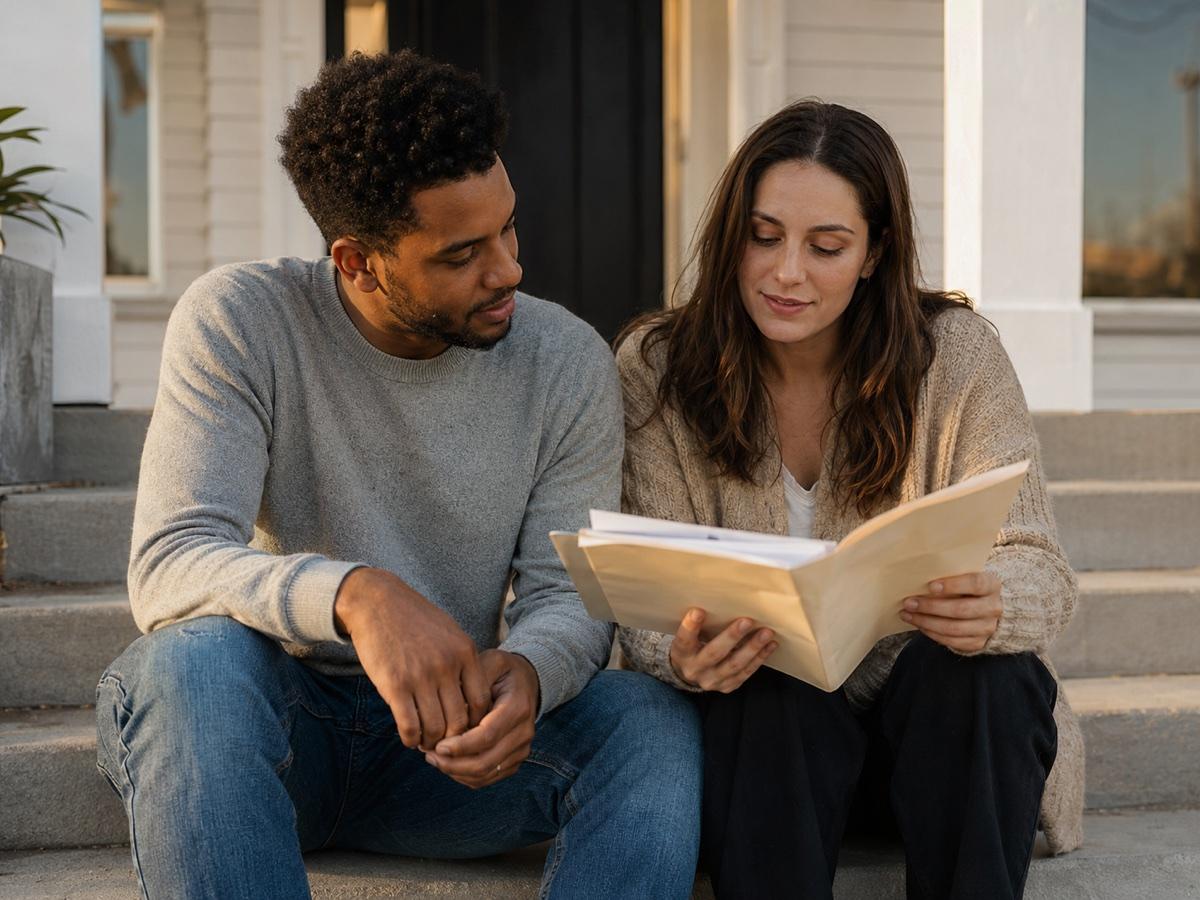 Two homeowners reading through their loan paperwork together on their front steps