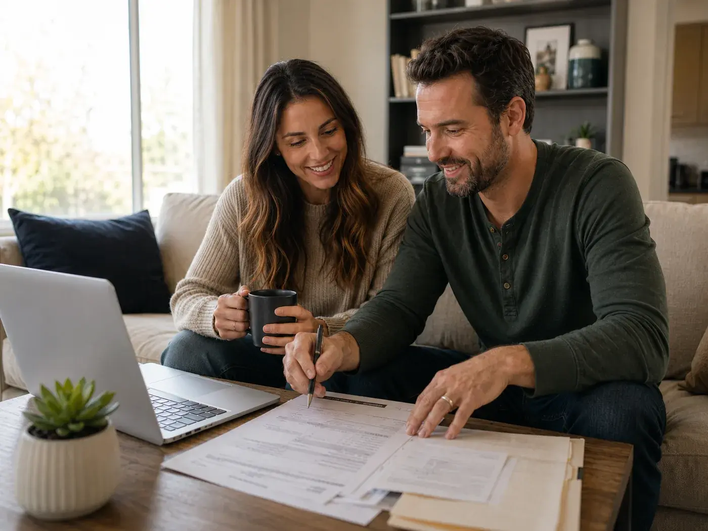 Two homeowners reviewing their loan paperwork together at a table