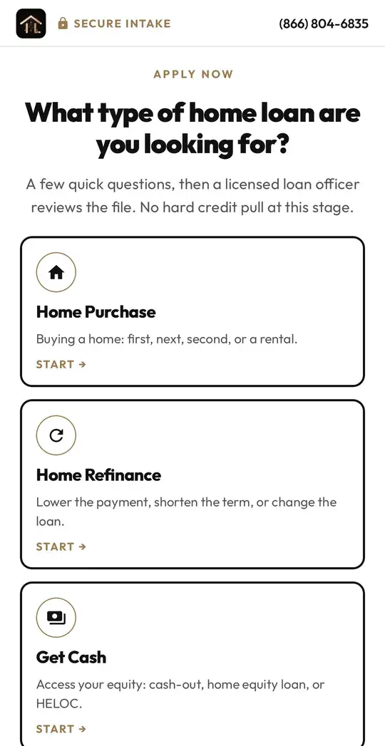 Intel Loans app application: what type of home loan are you looking for?