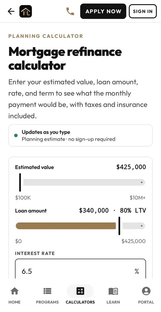 Intel Loans app mortgage refinance calculator with value and loan amount sliders