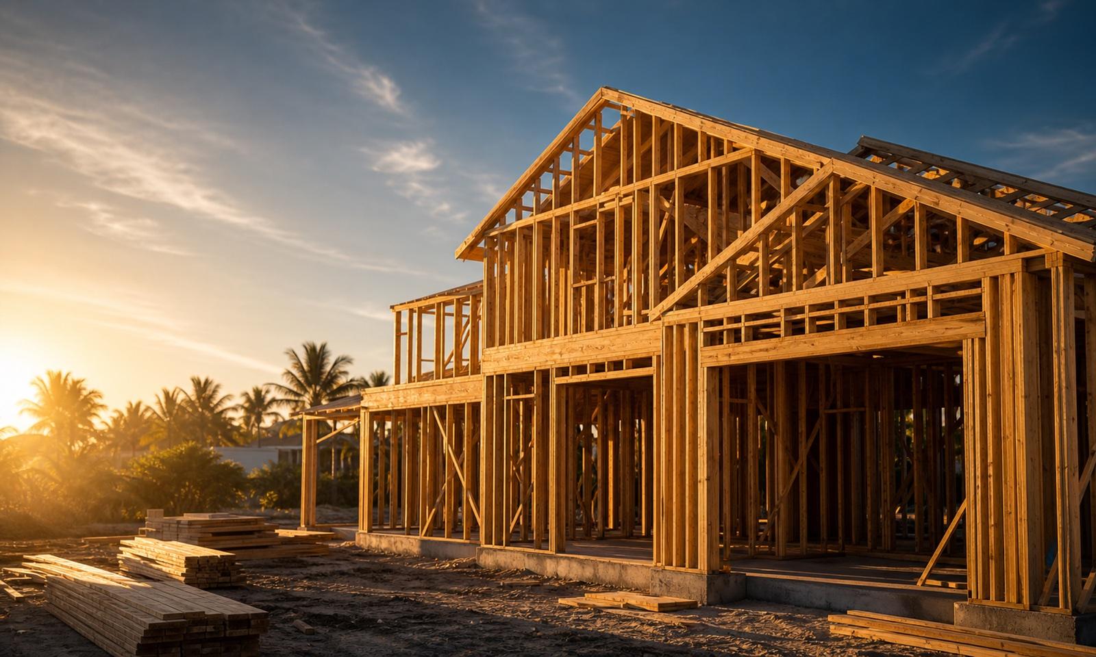 A home under construction, framed and in progress