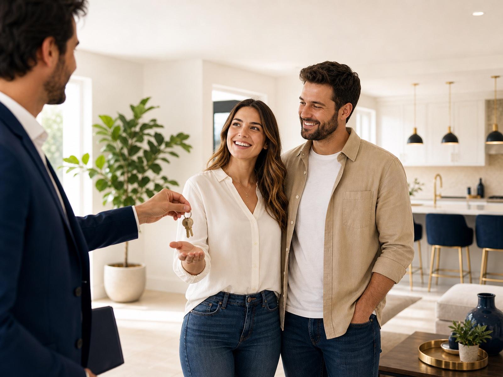 Buyers touring a home and receiving the keys