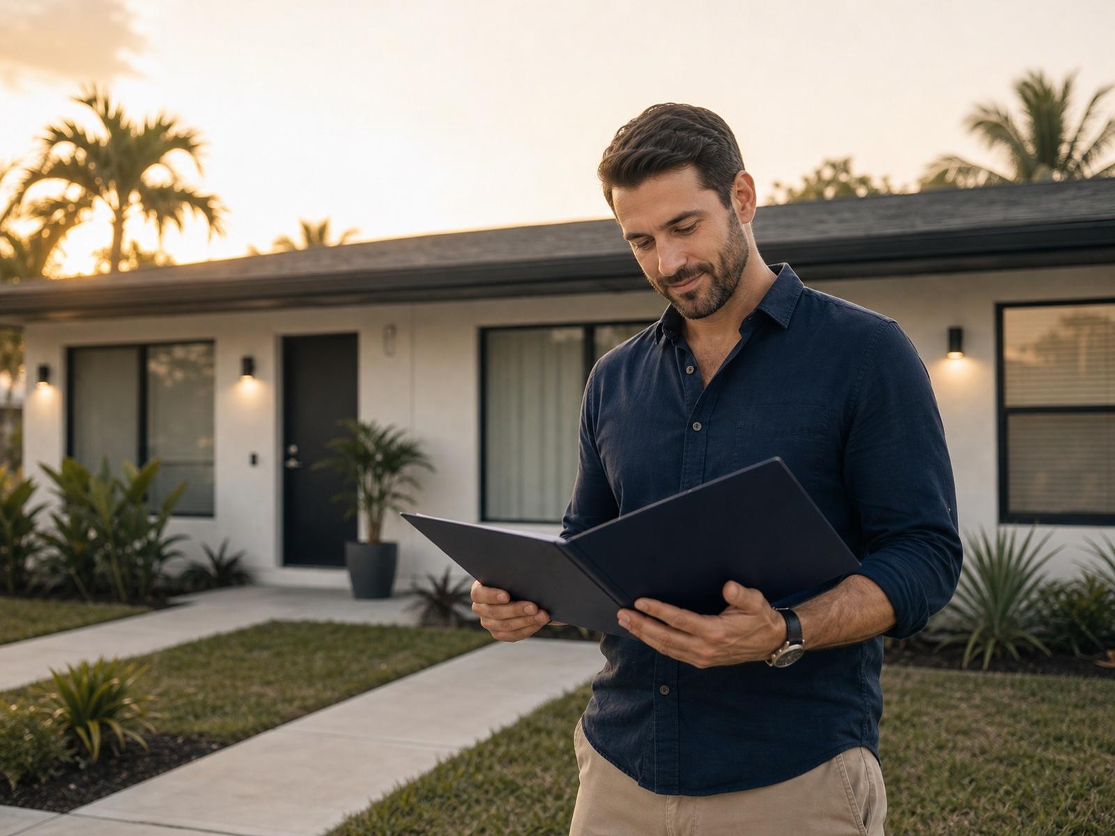 An investor standing in front of a duplex rental property