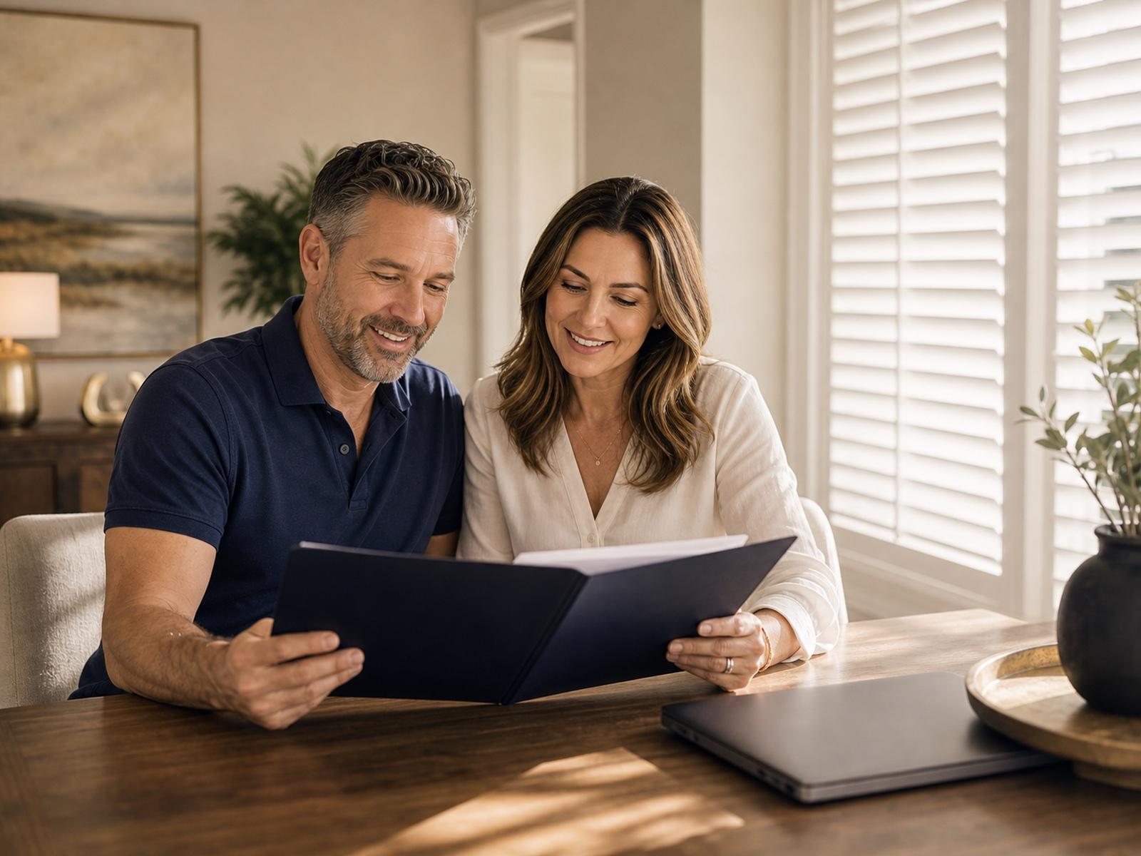 Homeowners reviewing refinance paperwork at home
