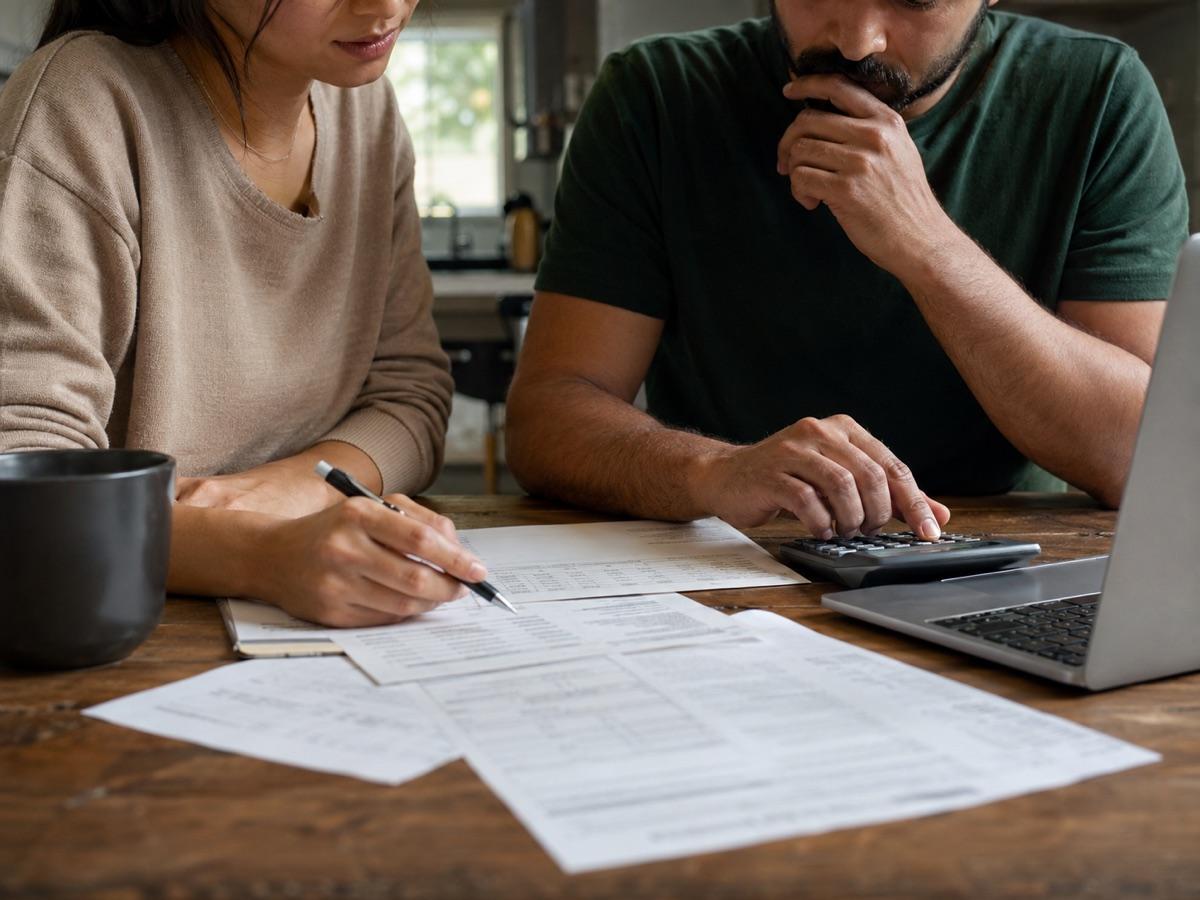 Two people working through mortgage figures with a calculator and paperwork at a kitchen table