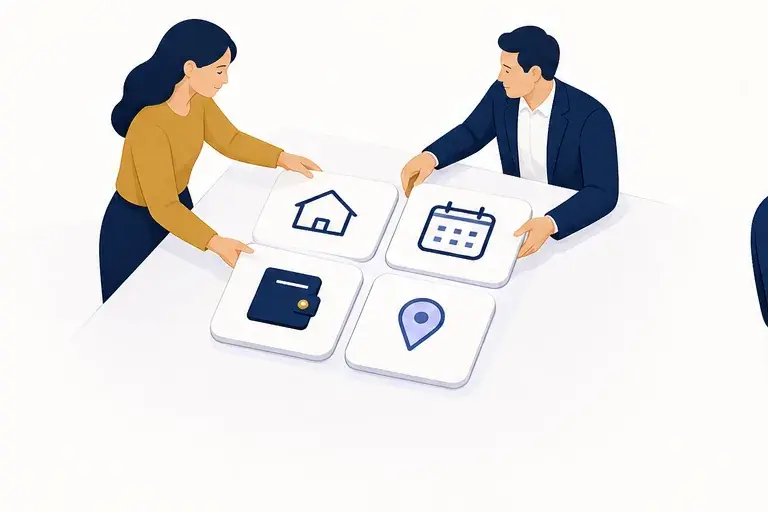 Two people arranging home, timing, budget, and location tiles into a plan