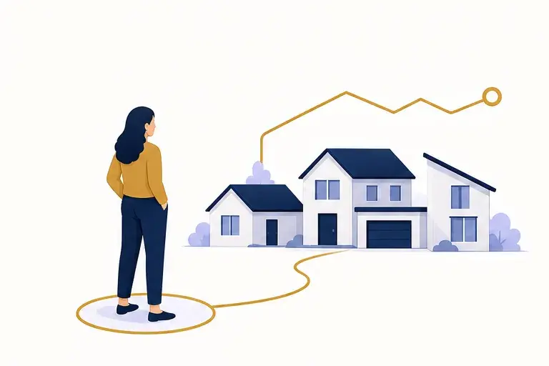A person at the start of a path that leads toward two homes