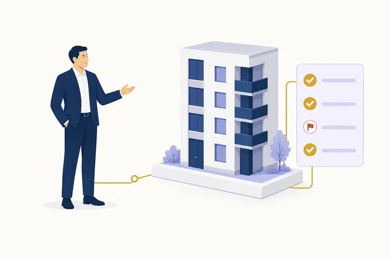 Illustration of a confident buyer before a condo building whose warranty checklist has one flagged item