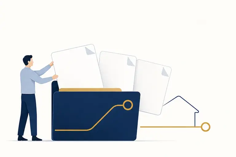 A person gathering documents into one navy and gold folder