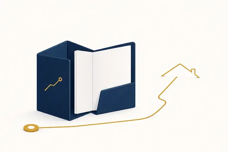 An open loan folio with a path that continues toward a home