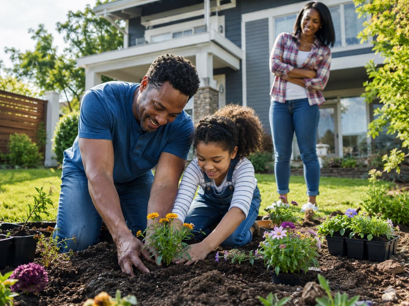 A family planting flowers in the front garden of their house