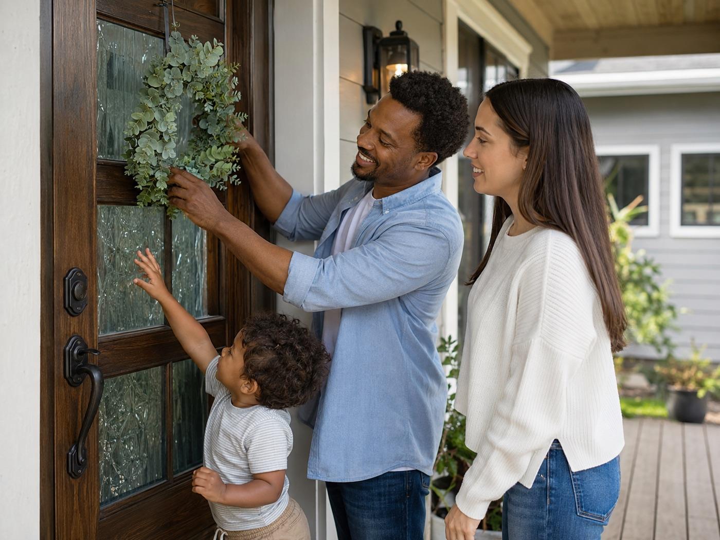 A family hanging a wreath on the front door of the home they just bought