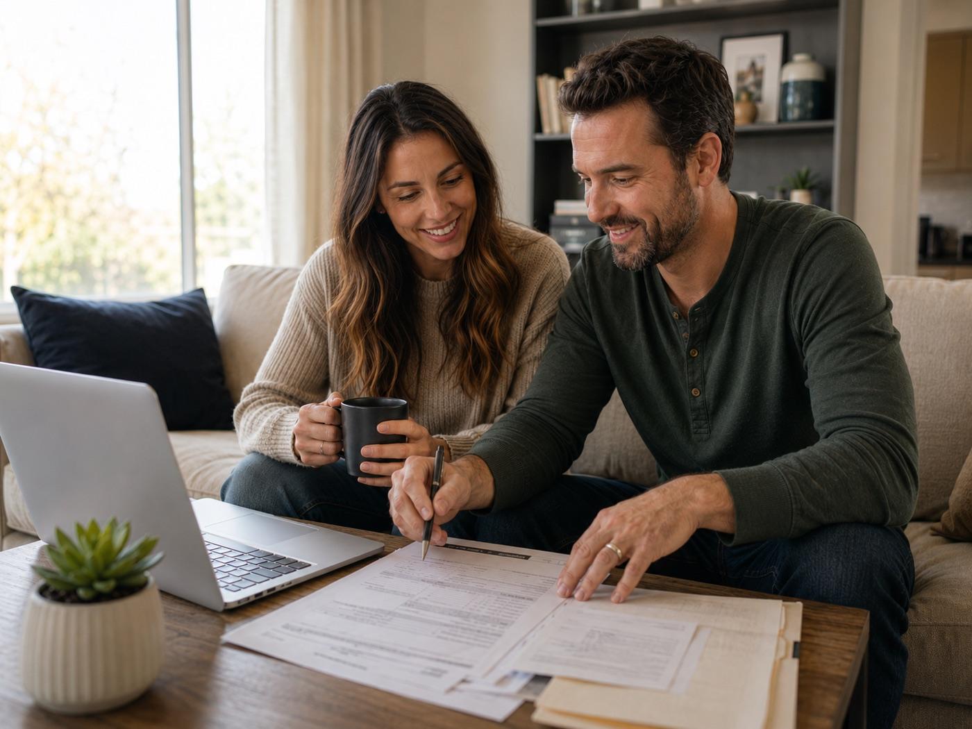 Two homeowners reviewing loan paperwork together on the sofa with a laptop open