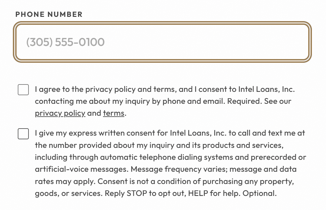 The phone number step of the Intel Loans application, showing the optional, unchecked SMS consent checkbox below the phone number field