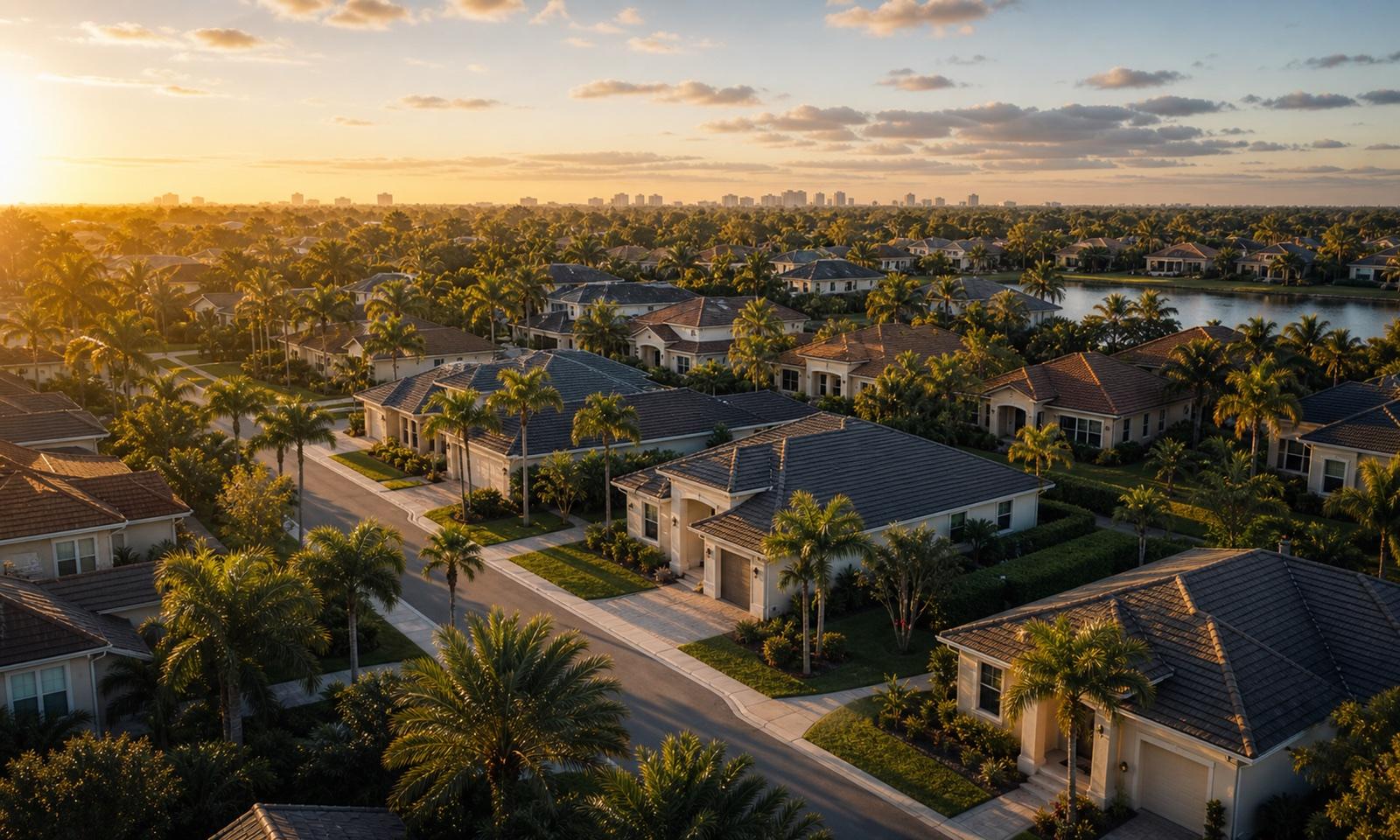 Aerial view of a Florida waterfront neighborhood at sunset