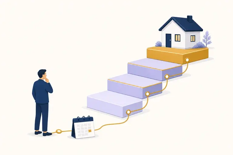 Illustration of a stepped tier ladder rising from a dated marker toward a home after a credit event