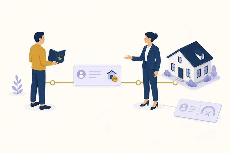Illustration of an international buyer with a passport and a US home, the credit file set aside