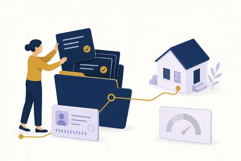 Illustration of filed tax returns and an ID anchoring a home loan file, the credit score card left blank
