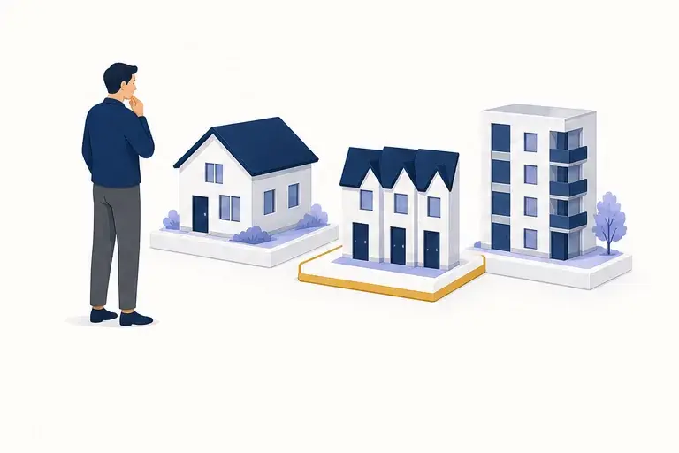 Illustration of an advisor weighing a row of larger homes and buildings