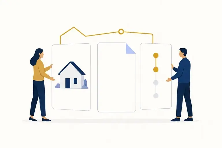 Two people reviewing a home, a document, and a timeline side by side
