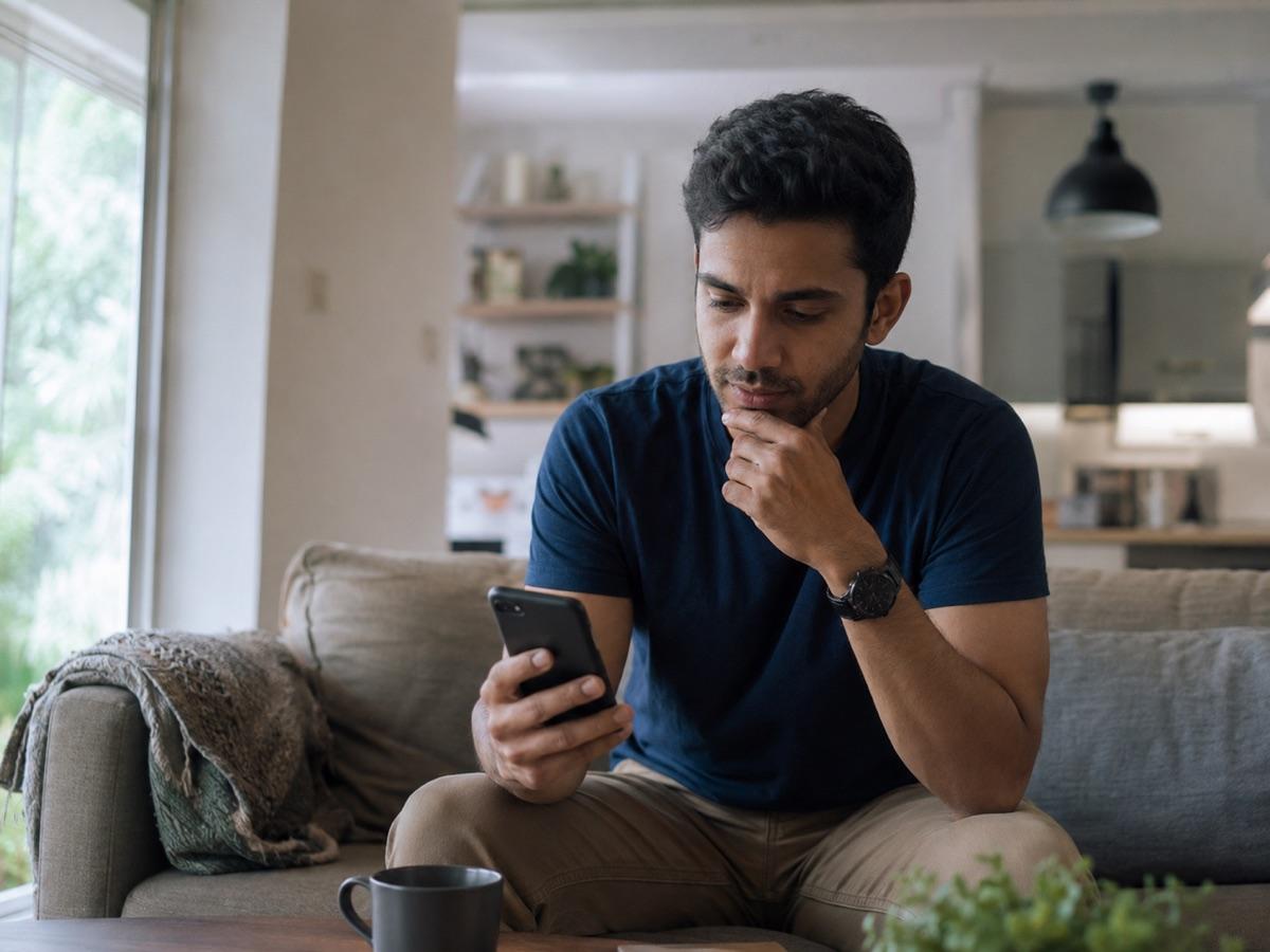 A person sitting at home reading through loan options on a phone
