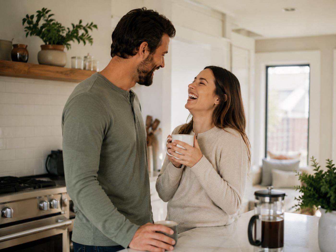A couple talking over coffee in the kitchen of the home they own