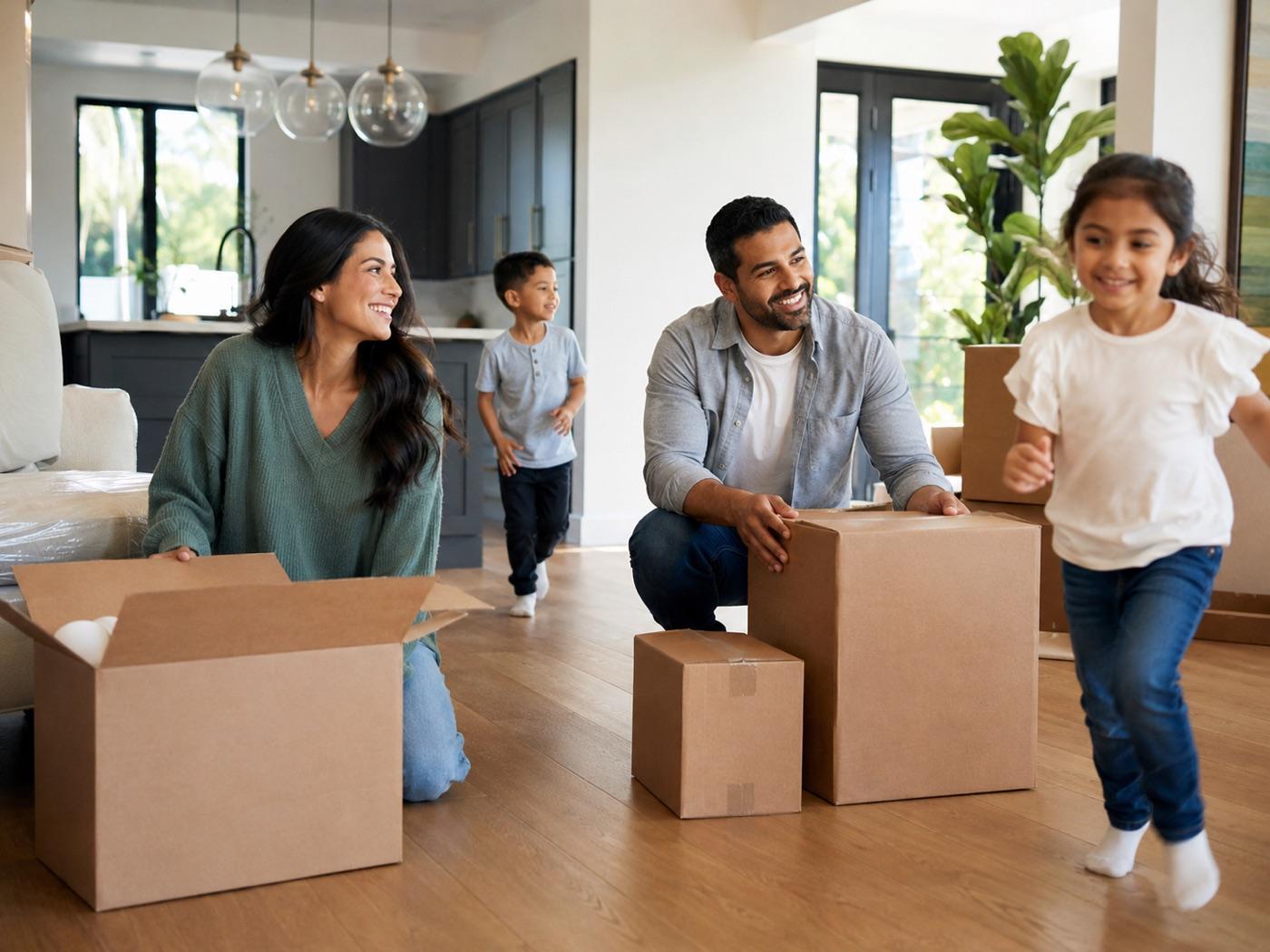 A family unpacking moving boxes in the living room of their new home