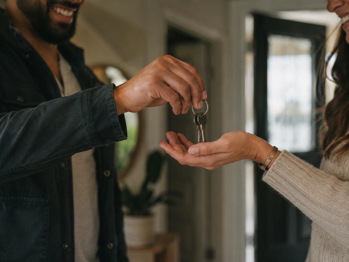 A set of house keys being handed from one person to another