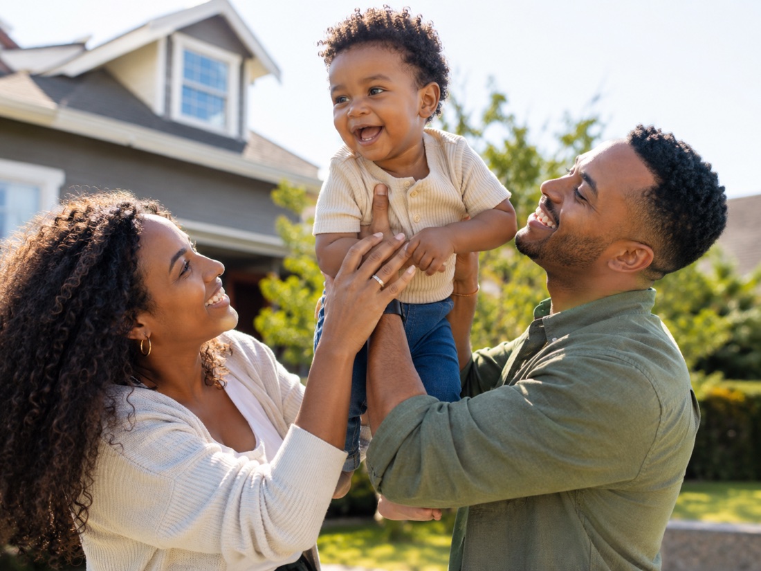 Parents lifting their child in front of the home they own