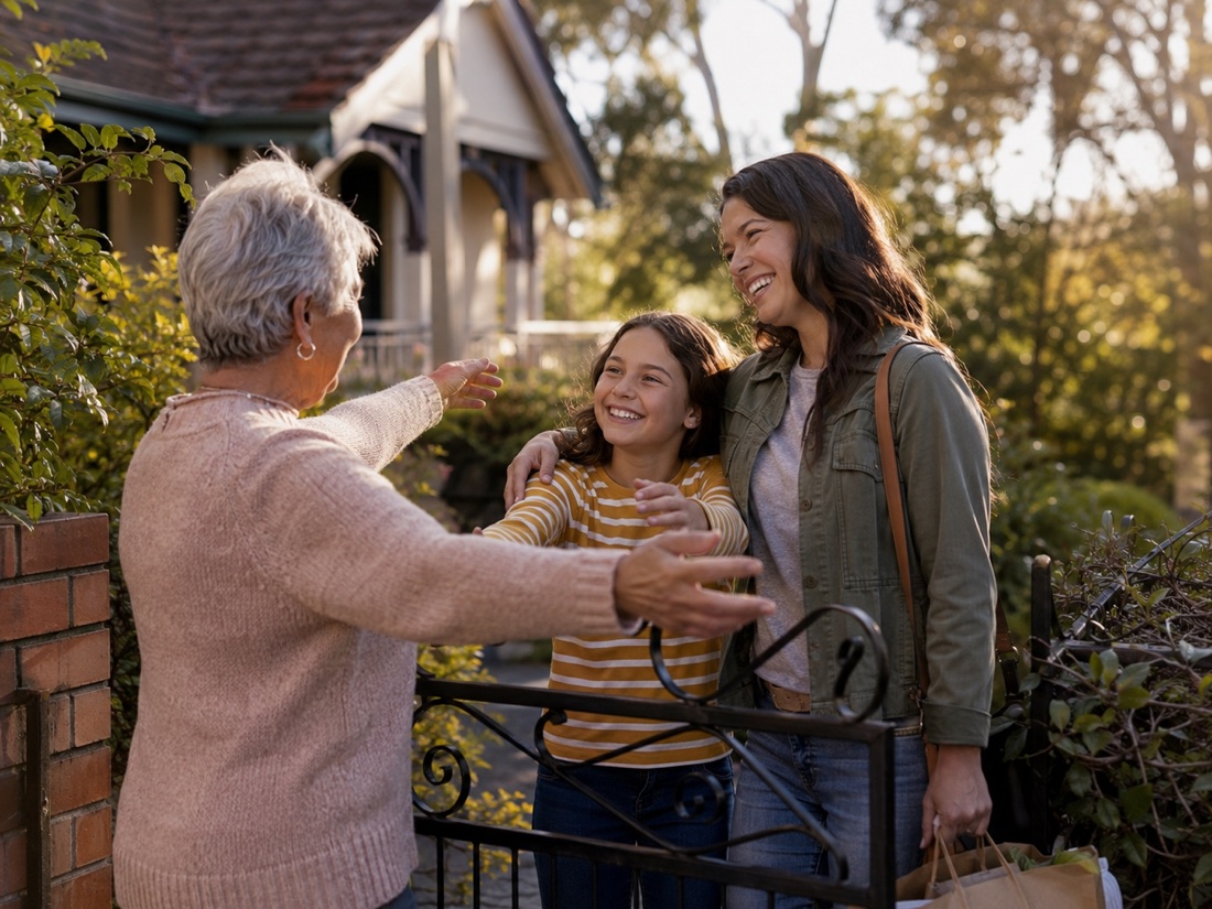 A family being welcomed at the front gate of their new home